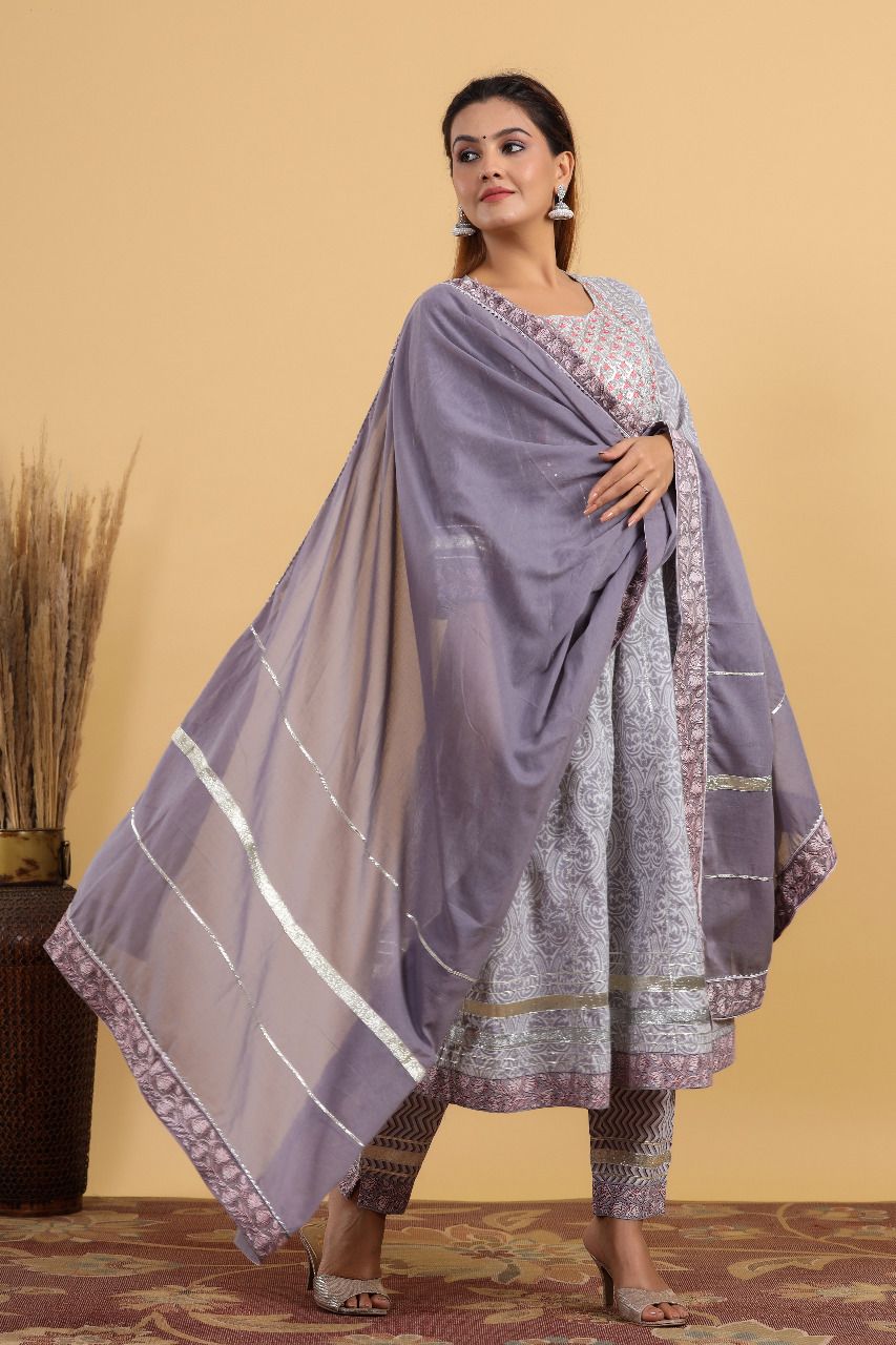 Cotton Bagru Print Anarkali with Ajrakh Print Pant n Dupatta