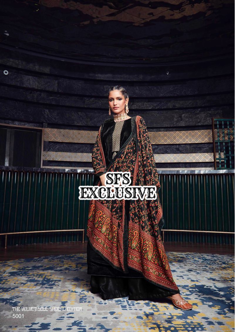 Velvet Embroidered Suit with Pashmina Bottom