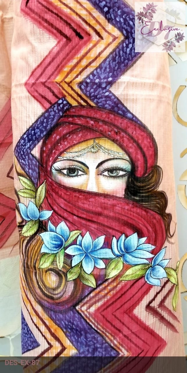 Hand Painted Chanderi Suit with Kantha Work