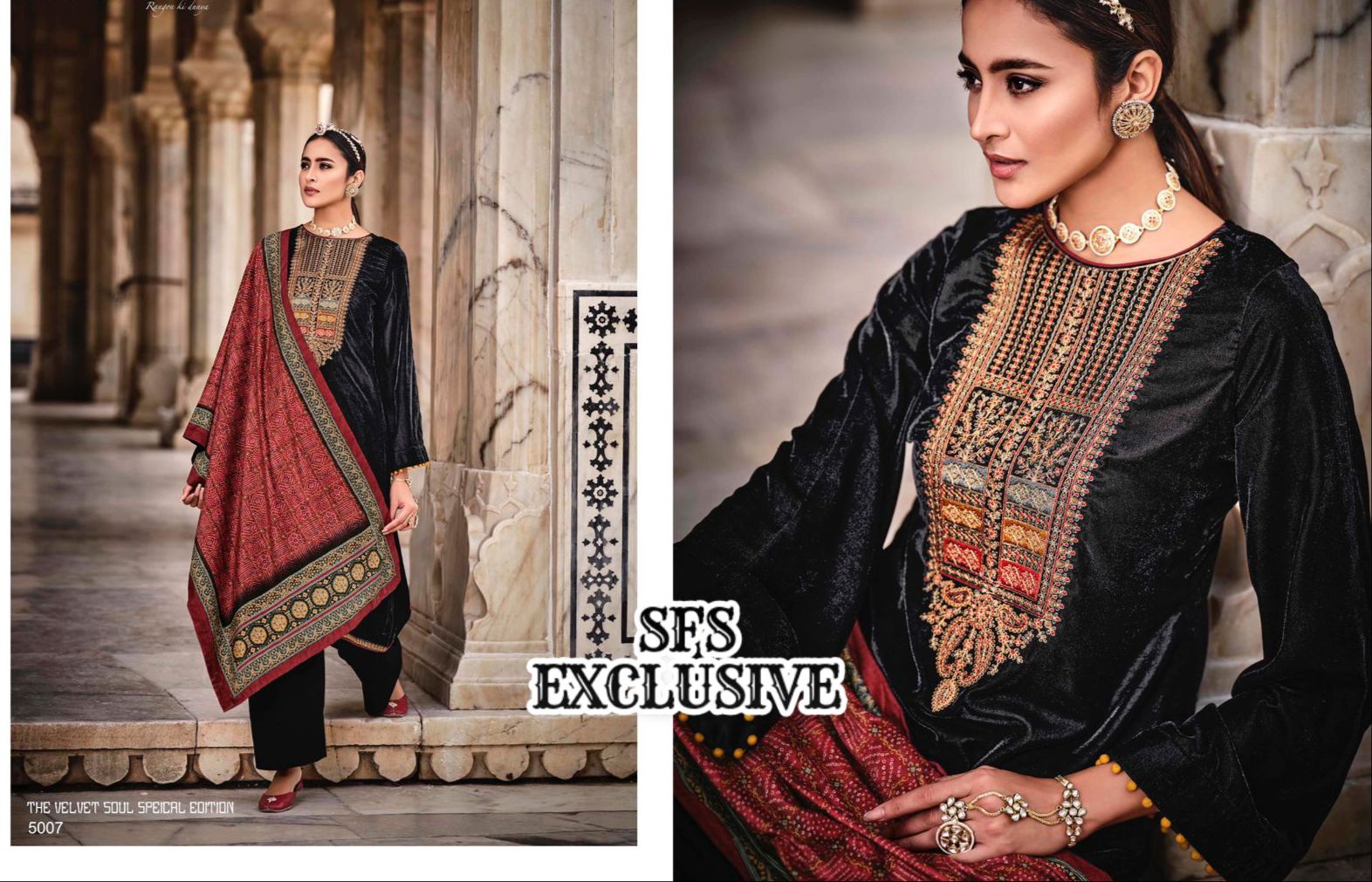 Velvet Embroidered Suit with Pashmina Bottom