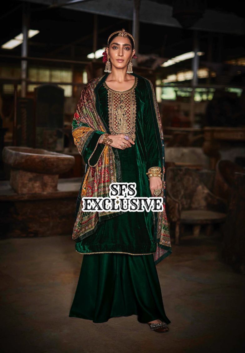 Velvet Embroidered Suit with Pashmina Bottom