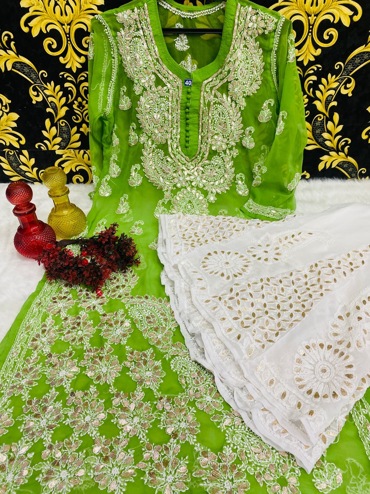Beautiful Georgette Chikan Kurti Sharara