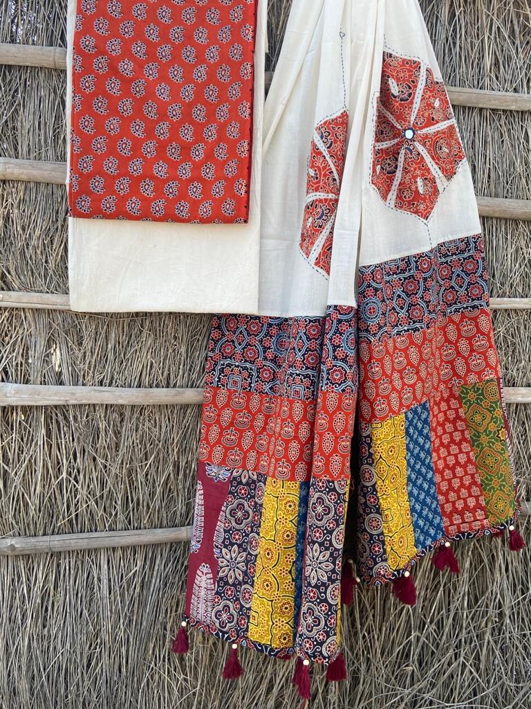 Ajrakh Suits with Applique Dupatta