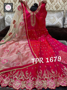 Silk Embroidered Gown with Tissue Dupatta