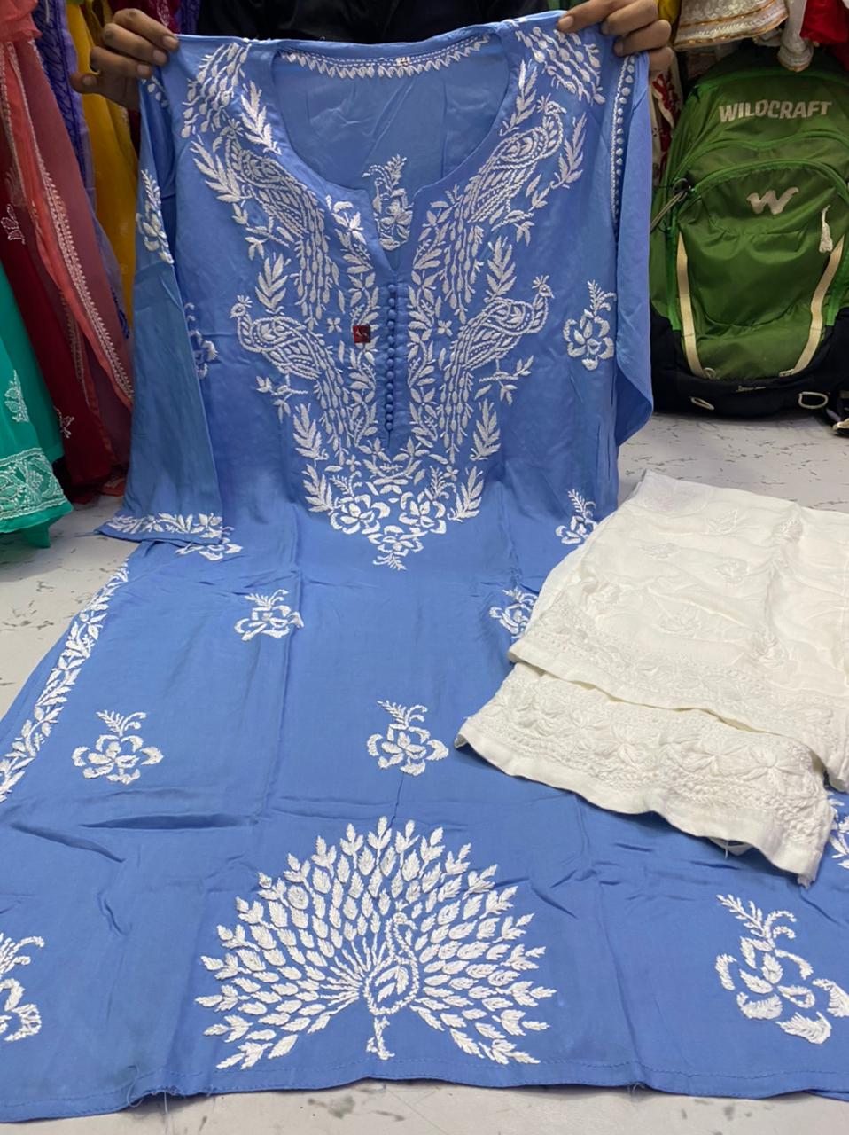 Chikankari Kurti Pant with peacock design