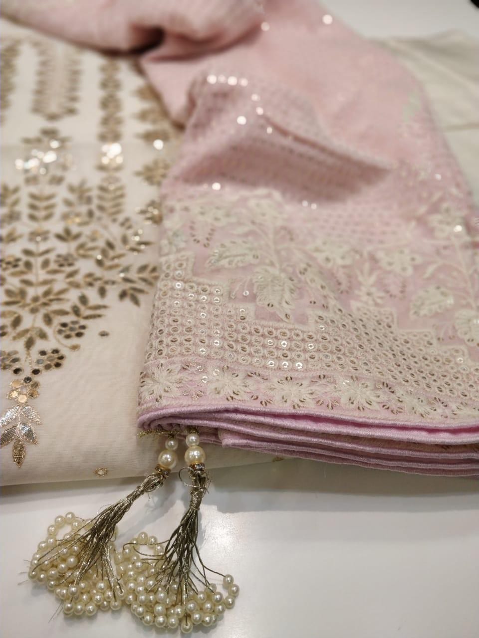 Chanderi Shirt with Gotta work, Georgette Embroidered Dupatta n Shantoon Bottom