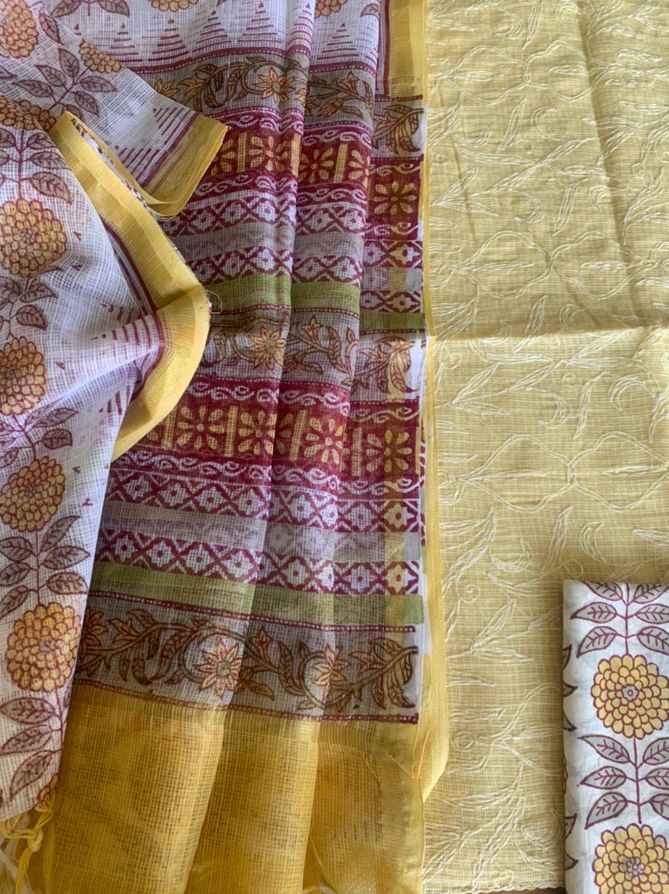Kota Doriya Shirt with Jall Embroidery and block print Dupatta n Bottom