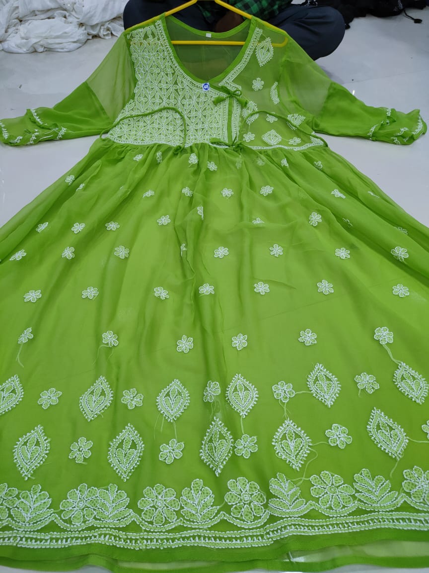 Chikankari Gown with bow knot