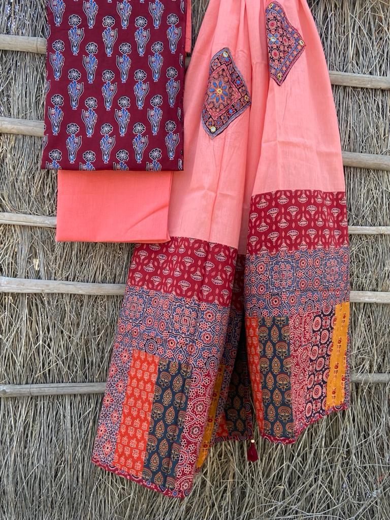 Ajrakh Suits with Applique Dupatta