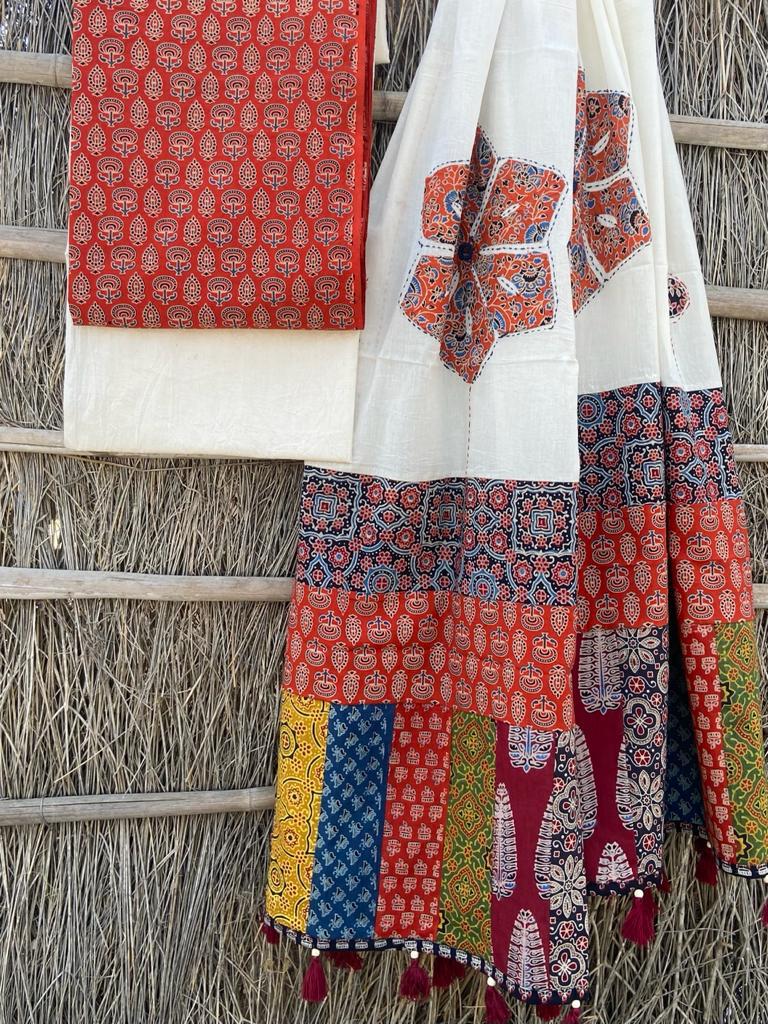 Ajrakh Suits with Applique Dupatta