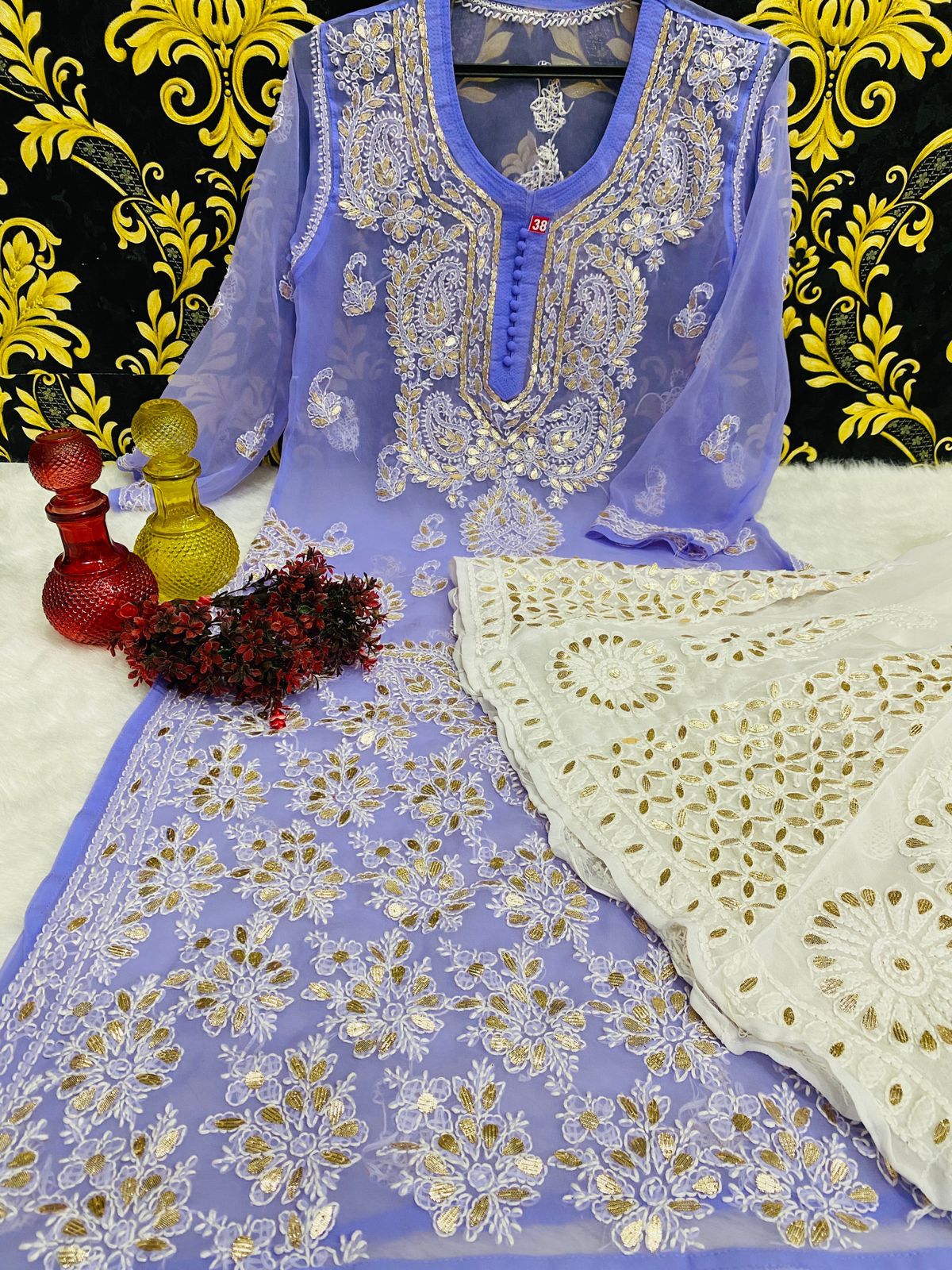 Beautiful Georgette Chikan Kurti Sharara