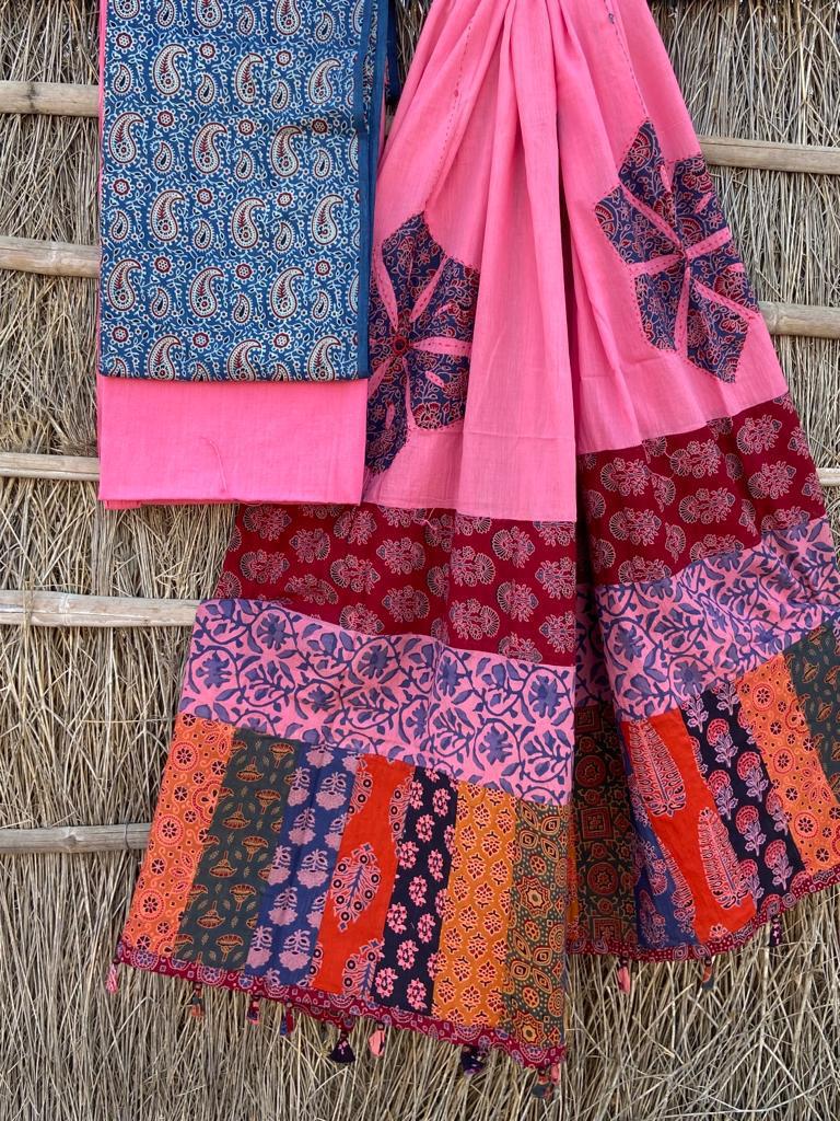 Ajrakh Suits with Applique Dupatta