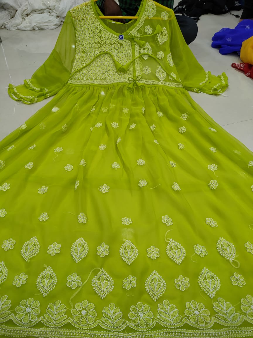 Chikankari Gown with bow knot