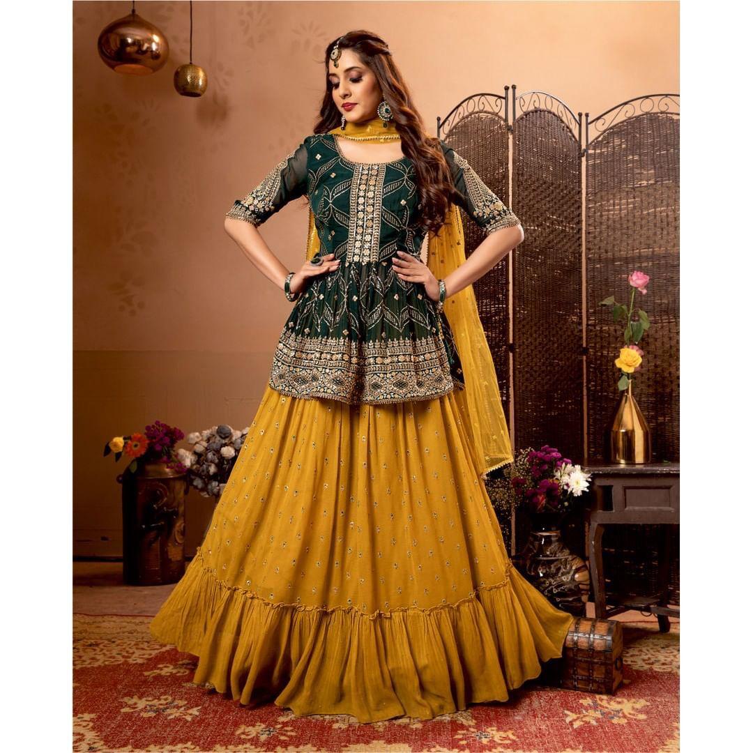 Lehenga Choli in Yellow n Green Embroidered