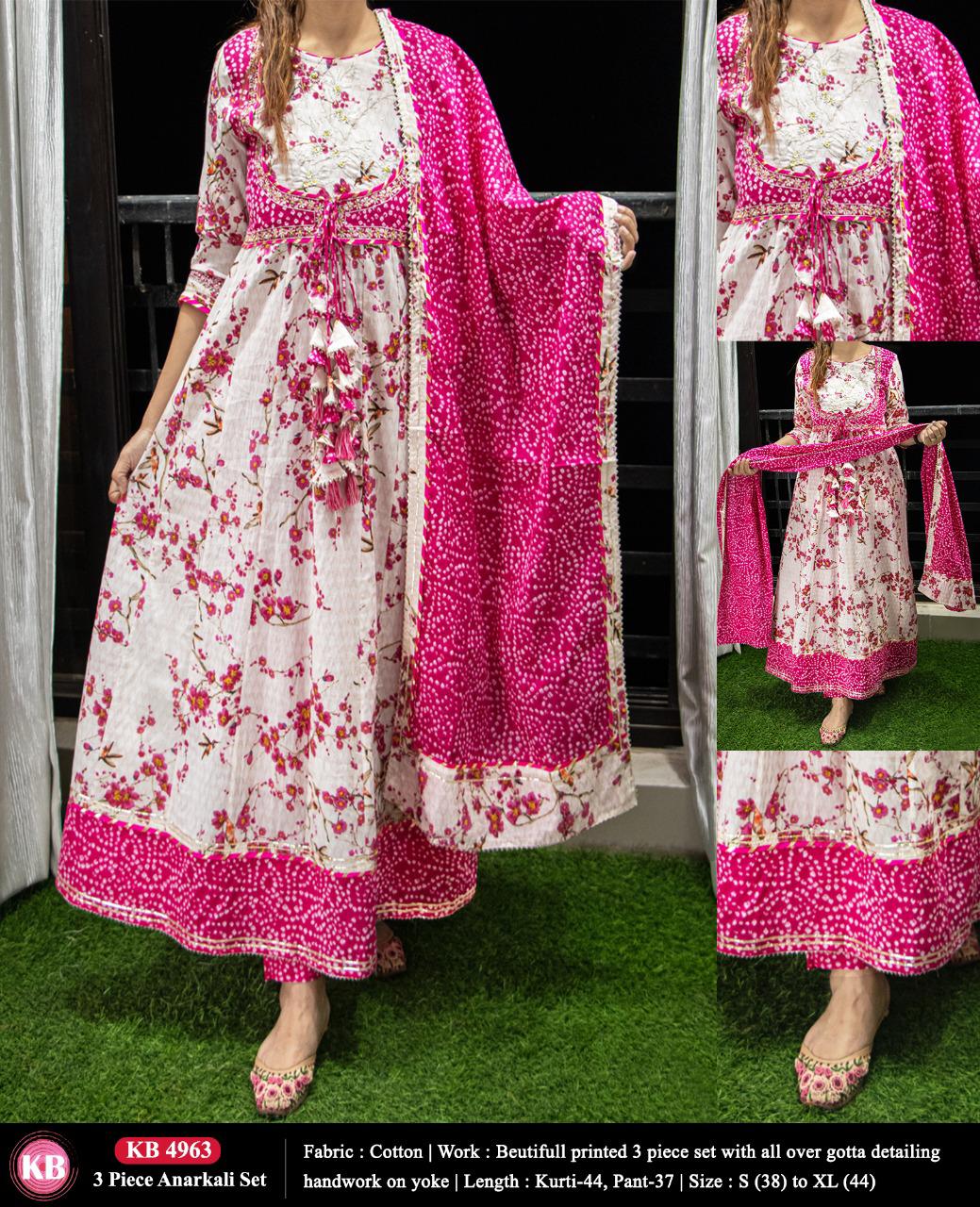 Pink Cotton Anarkali Kurti with Pant (KB)