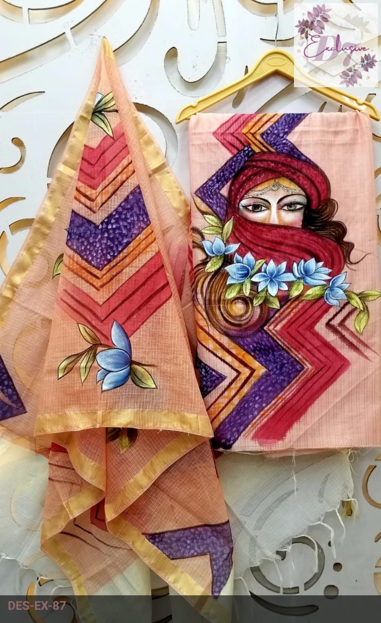 Hand Painted Chanderi Suit with Kantha Work
