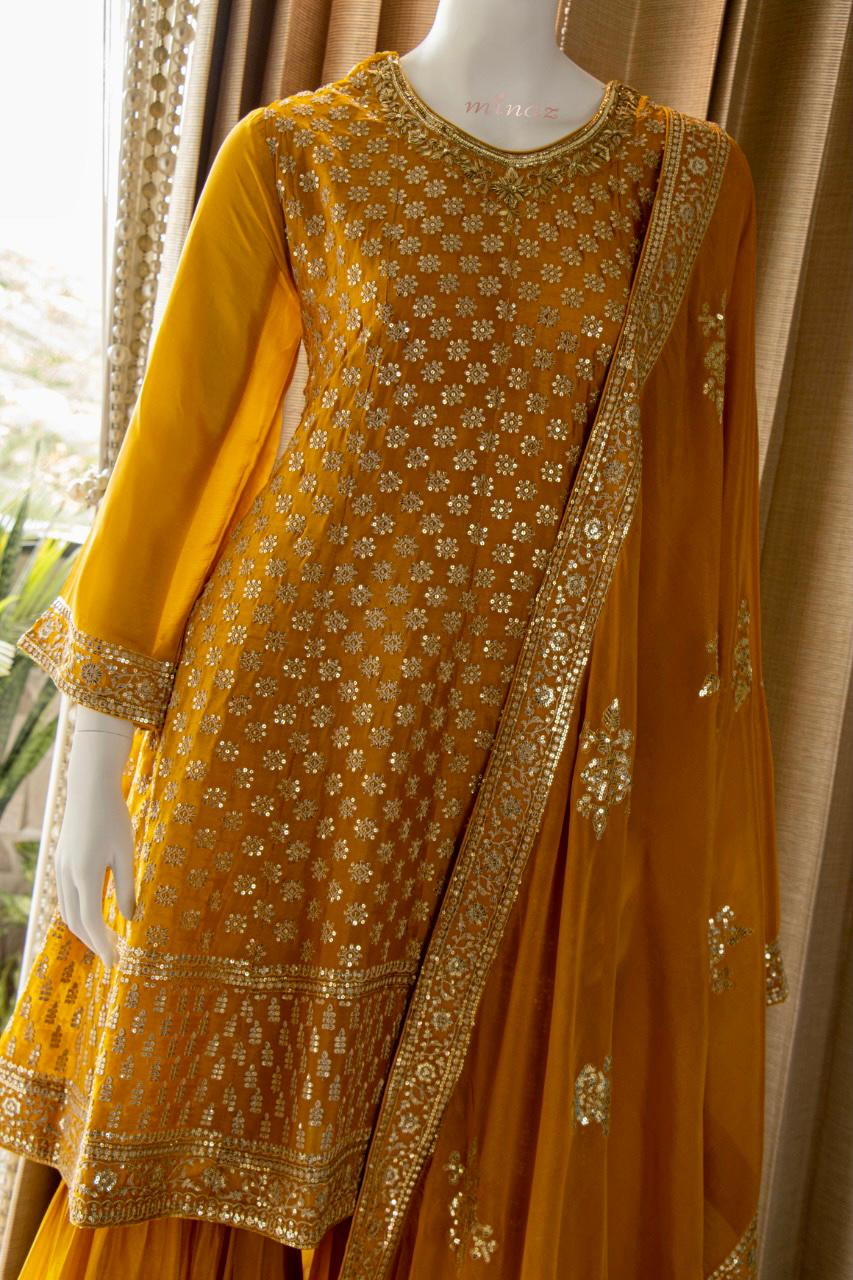 Beautiful Chinnon Short Anarkali with Garara Handicrafts Galleria Beautiful Chinnon Short Anarkali with Garara Handicrafts Galleria