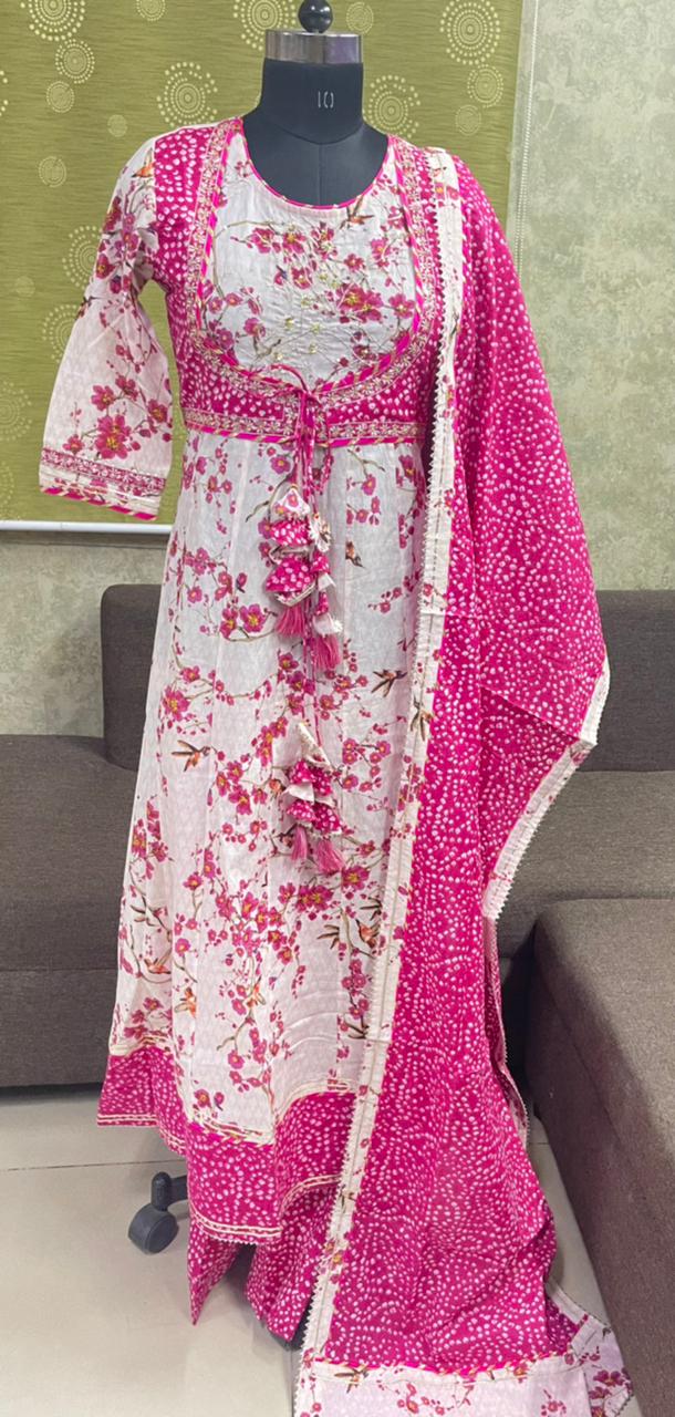 Pink Cotton Anarkali Kurti with Pant (KB)