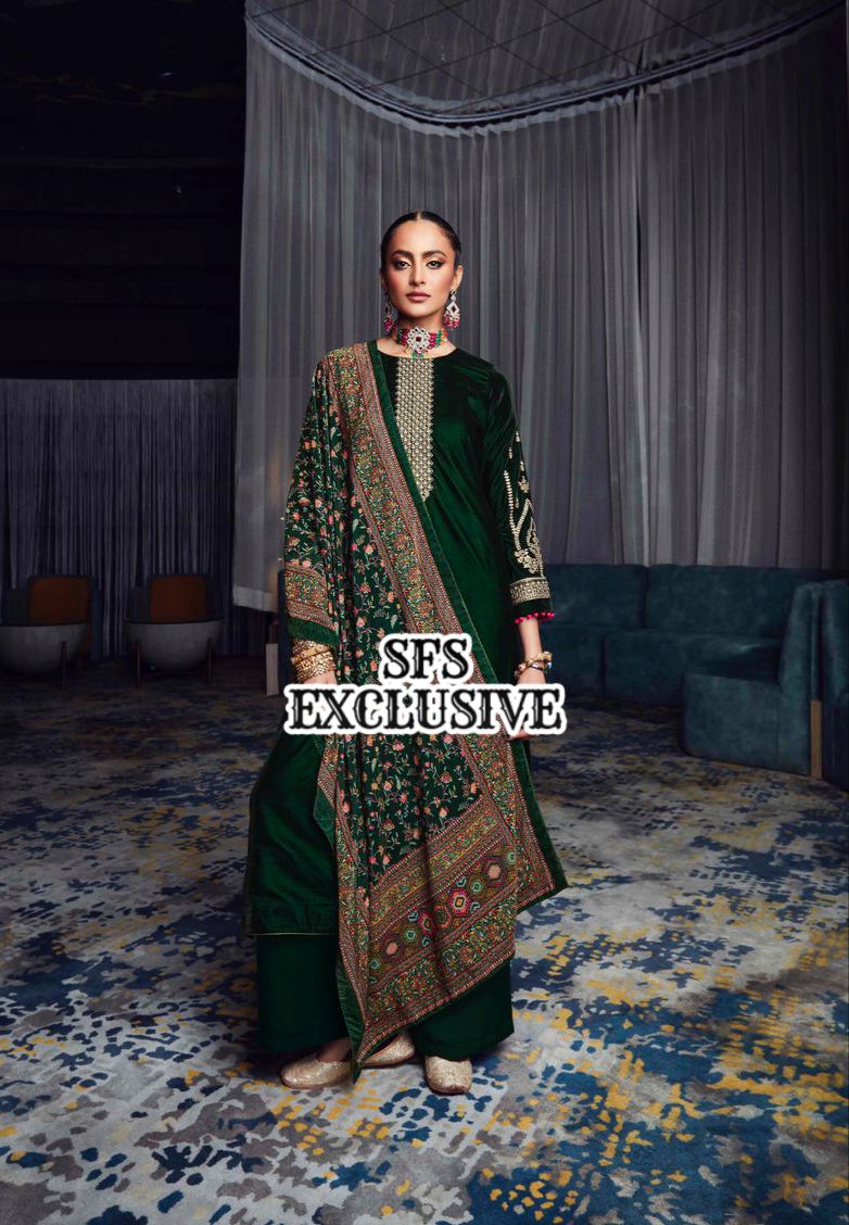 Velvet Embroidered Suit with Pashmina Bottom