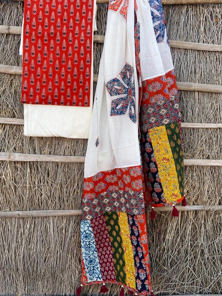 Ajrakh Suits with Applique Dupatta