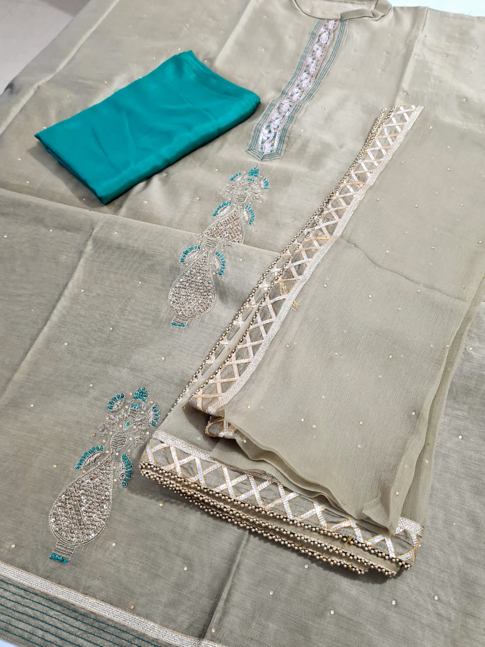 Chanderi Shirt with Gotta work, Chiffon Embroidered Dupatta n Shantoon Bottom
