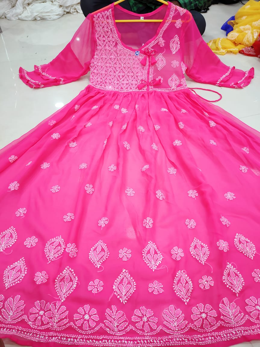 Chikankari Gown with bow knot