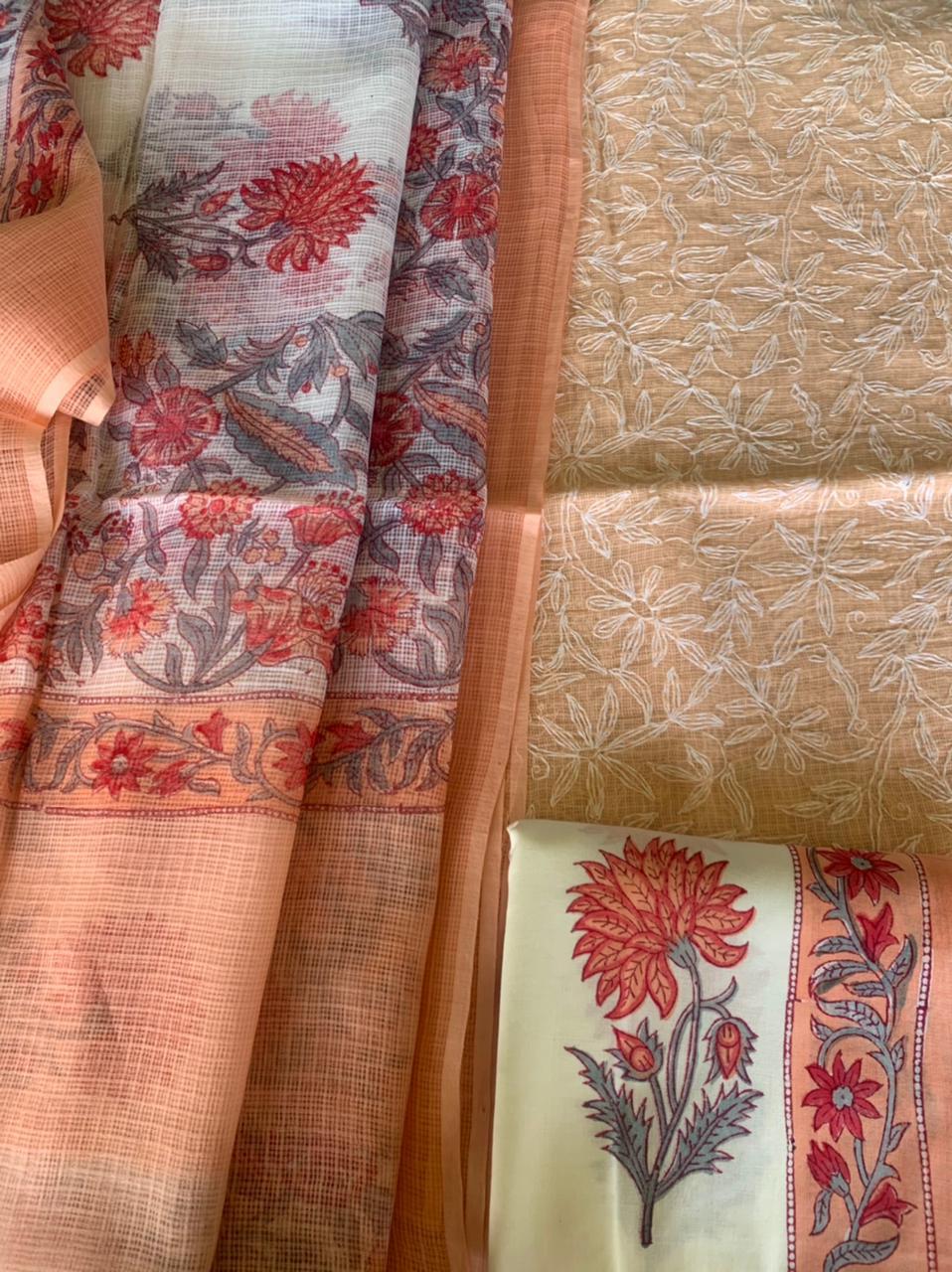 Kota Doriya Shirt with Jall Embroidery and block print Dupatta n Bottom