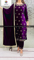 Stitched Velvet Kurti Pant Dupatta with multi swarovski work