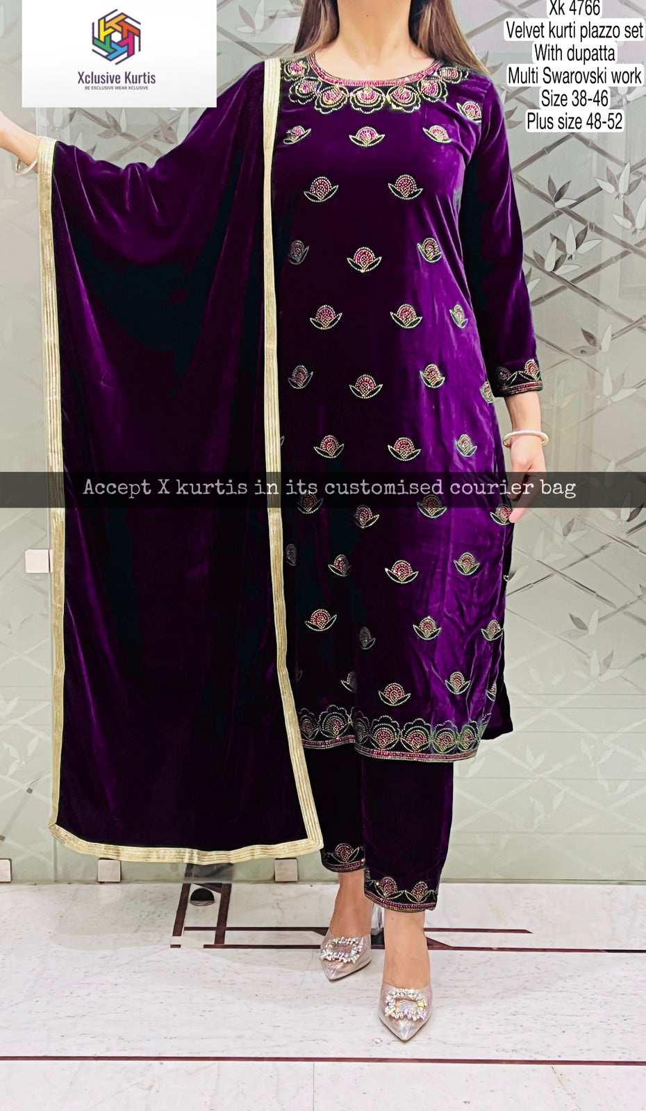 Stitched Velvet Kurti Pant Dupatta with multi swarovski work