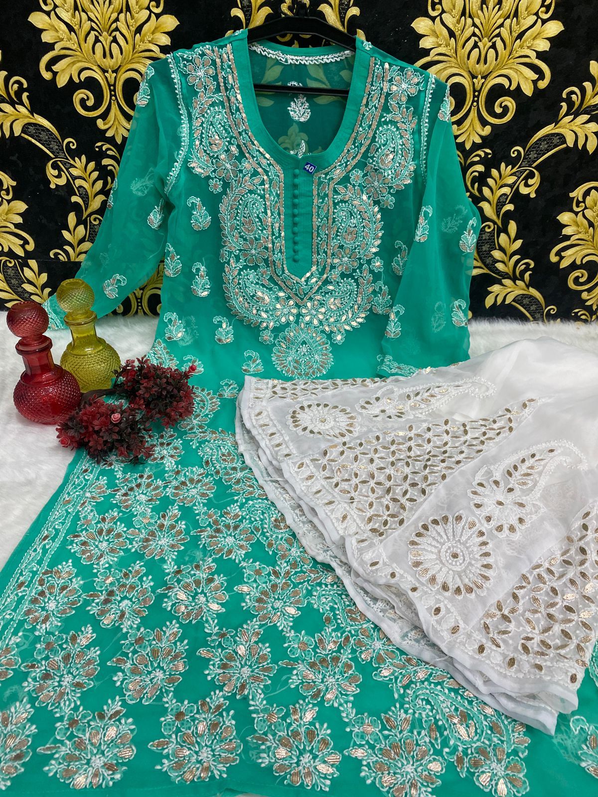 Beautiful Georgette Chikan Kurti Sharara