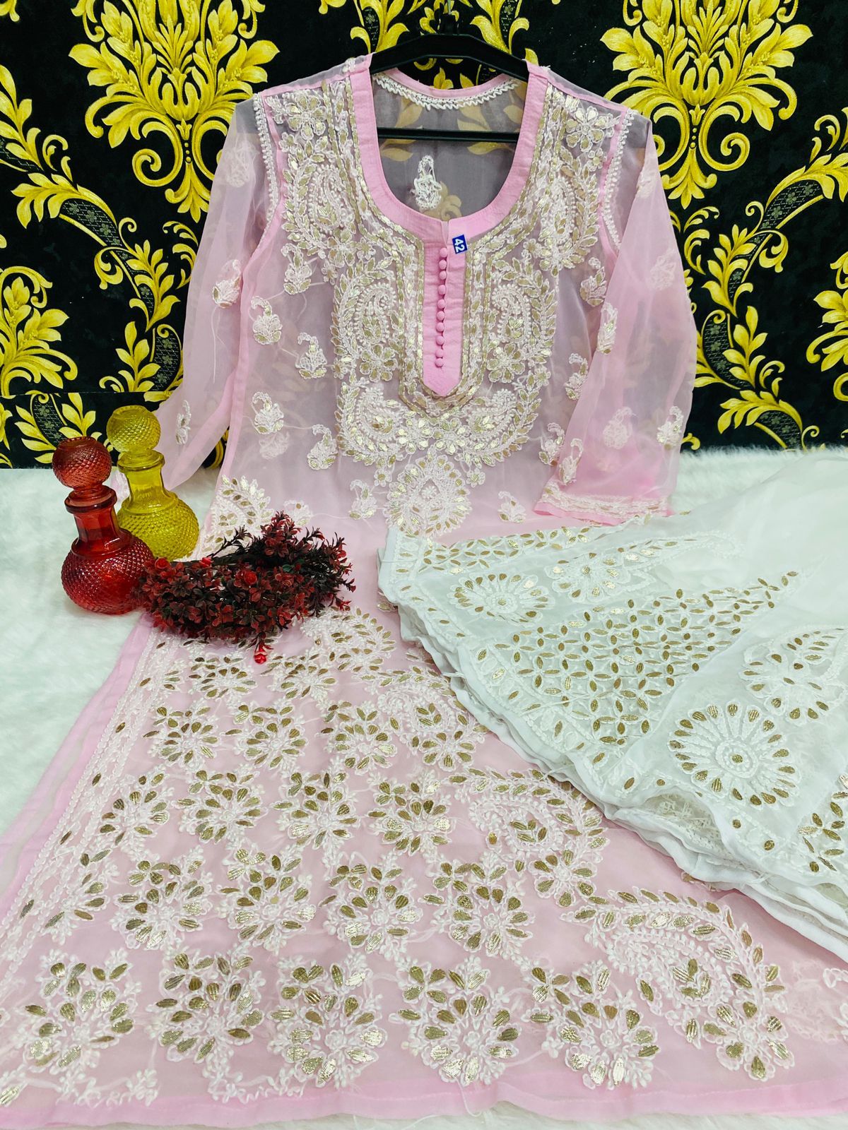 Beautiful Georgette Chikan Kurti Sharara