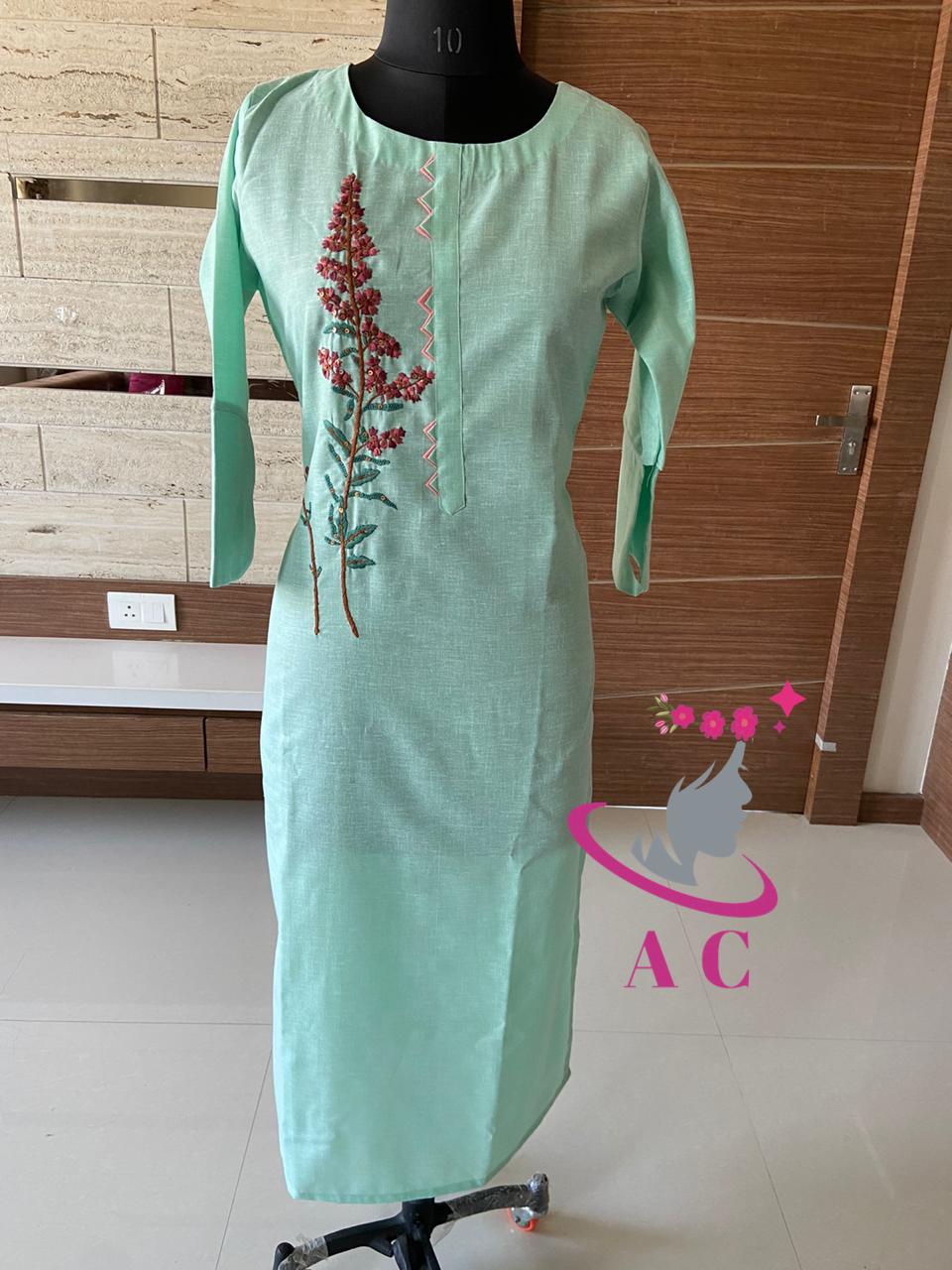 AC Cotton Stitched Embroidered Kurti