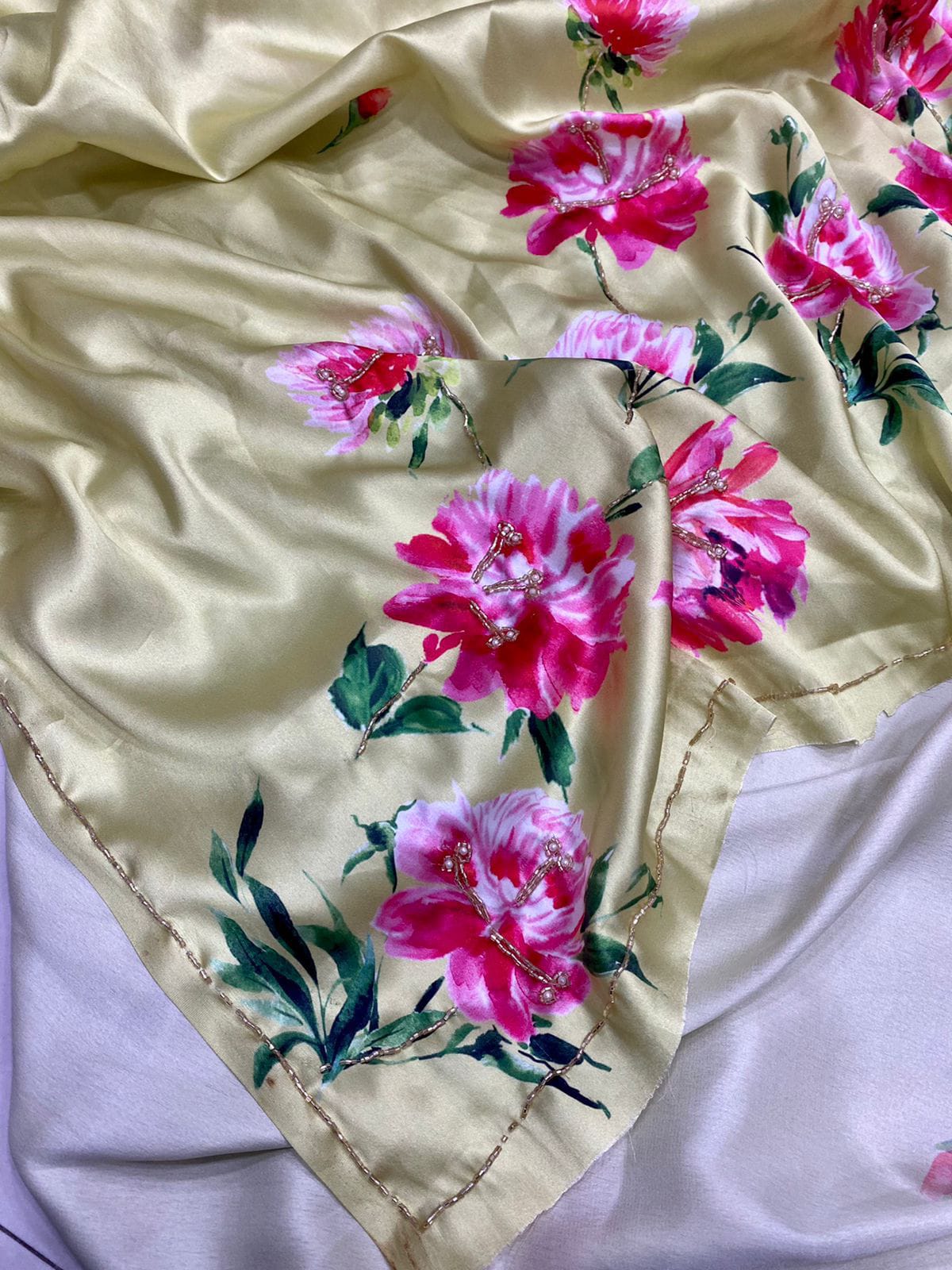 Satin Silk Georgette Handprinted Saree