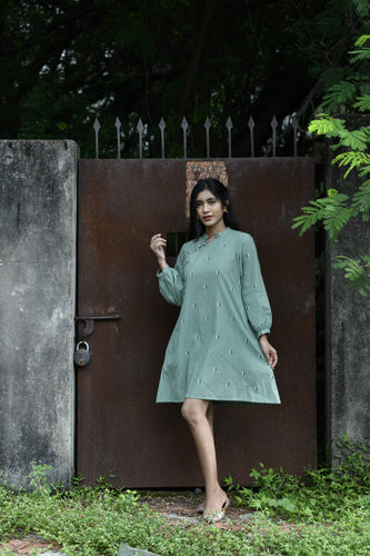 Mandarin Collar Green Handloom Dress