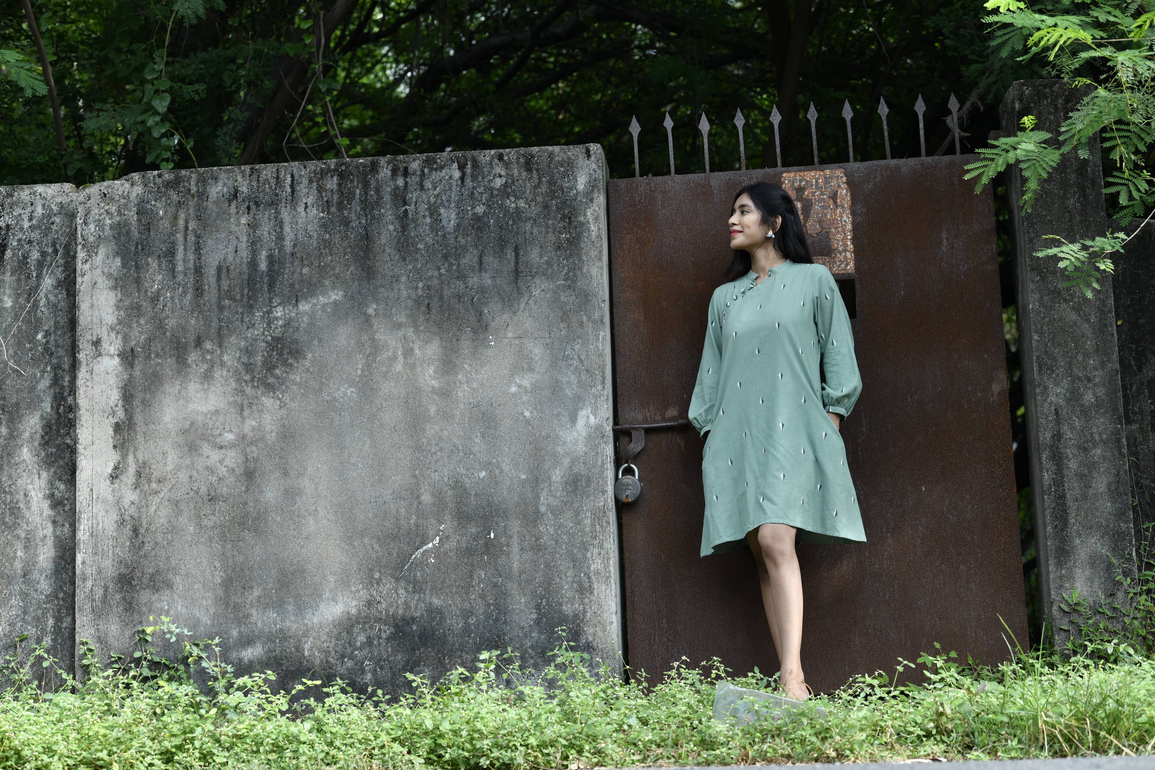 Mandarin Collar Green Handloom Dress
