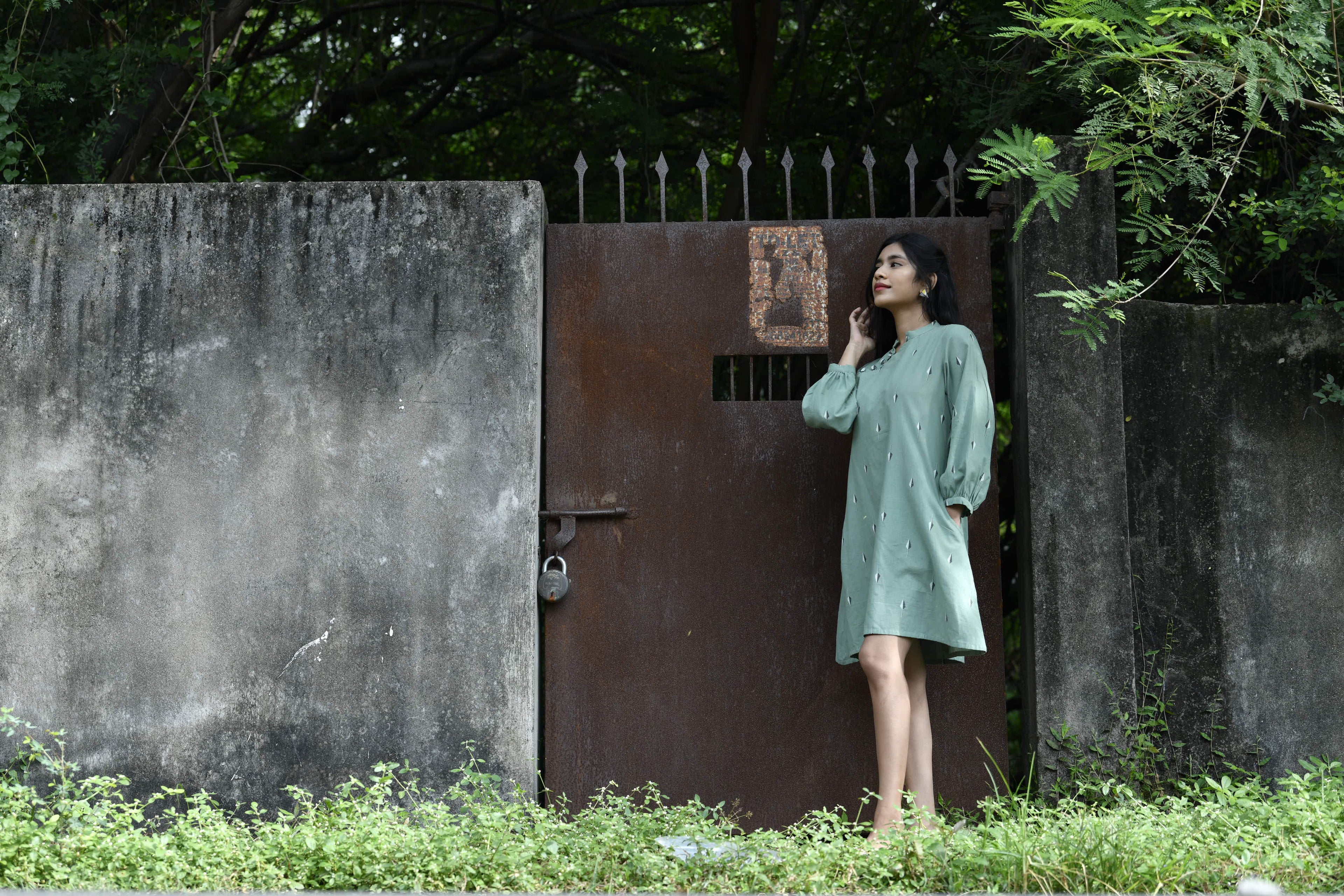 Mandarin Collar Green Handloom Dress