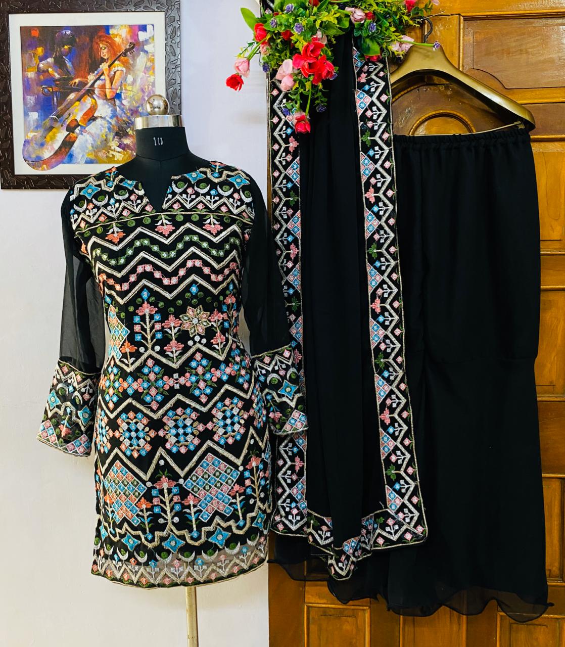Embroidered Georgette Kurti Palazzo