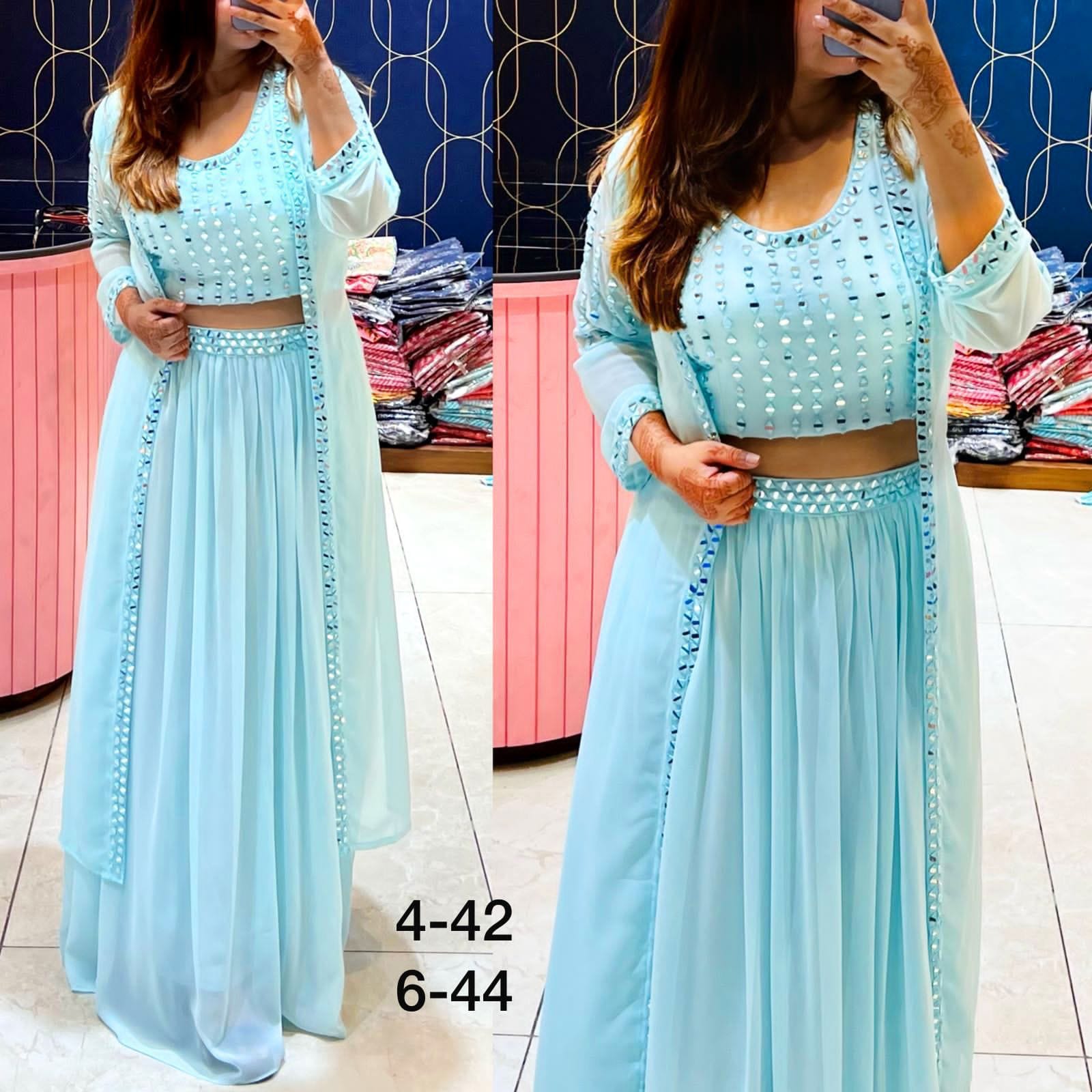 Georgette crop top with skirt and shrug 38 Sky Blue