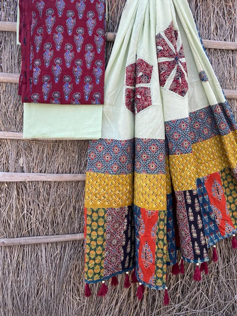 Ajrakh Suits with Applique Dupatta
