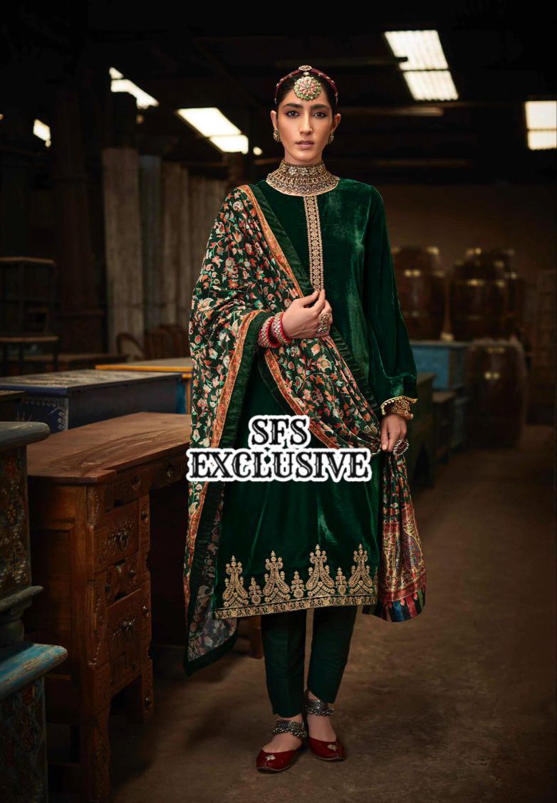 Velvet Embroidered Suit with Pashmina Bottom