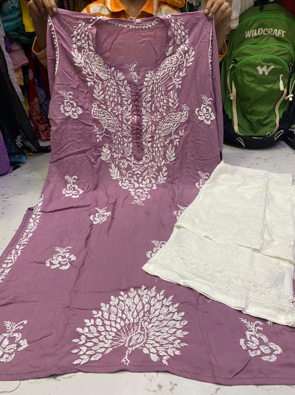 Chikankari Kurti Pant with peacock design