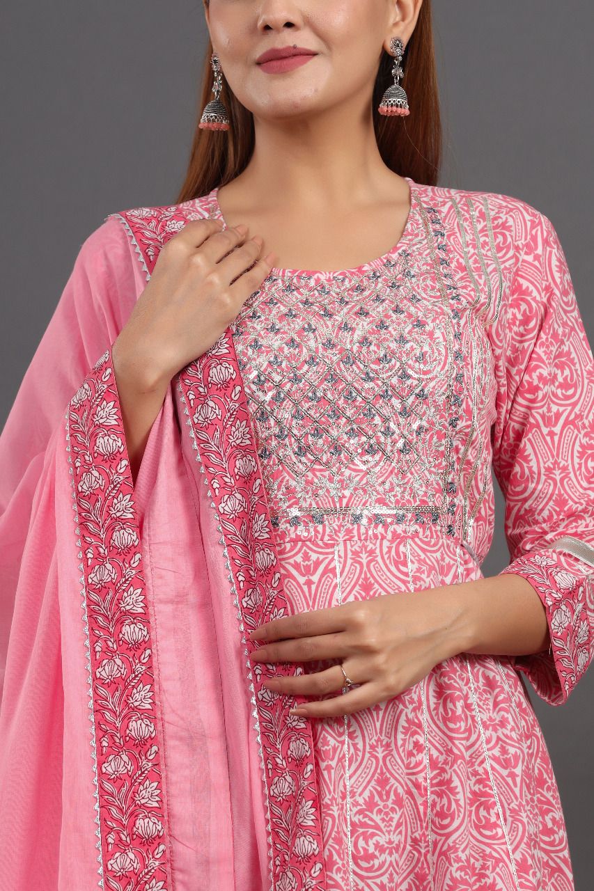 Cotton Bagru Print Anarkali with Ajrakh Print Pant n Dupatta