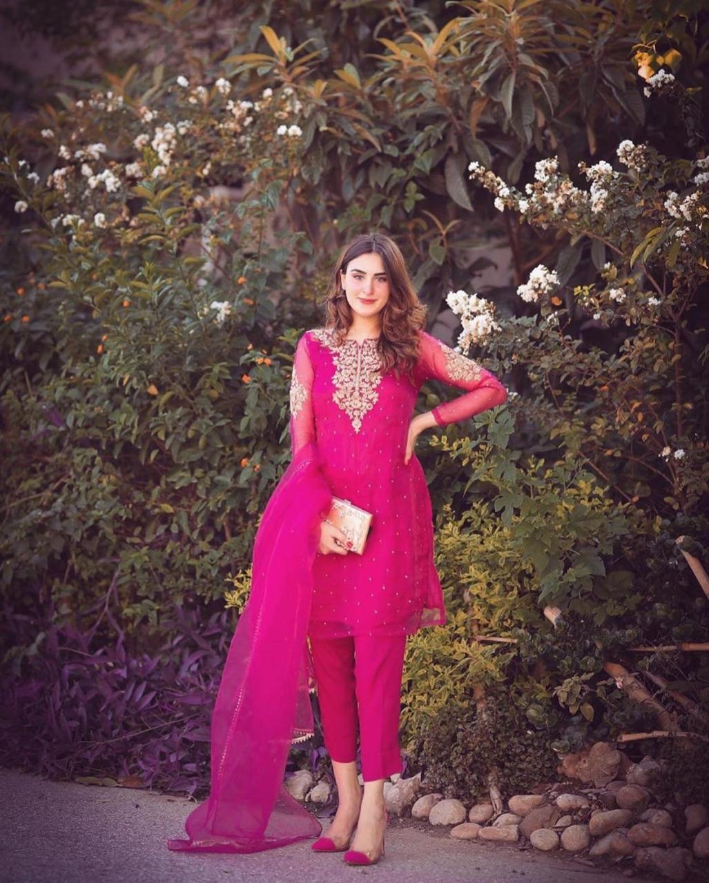 Pink Floral Embroidered & Mukaish Work Pure Georgette Salwar Suit – garment  villa