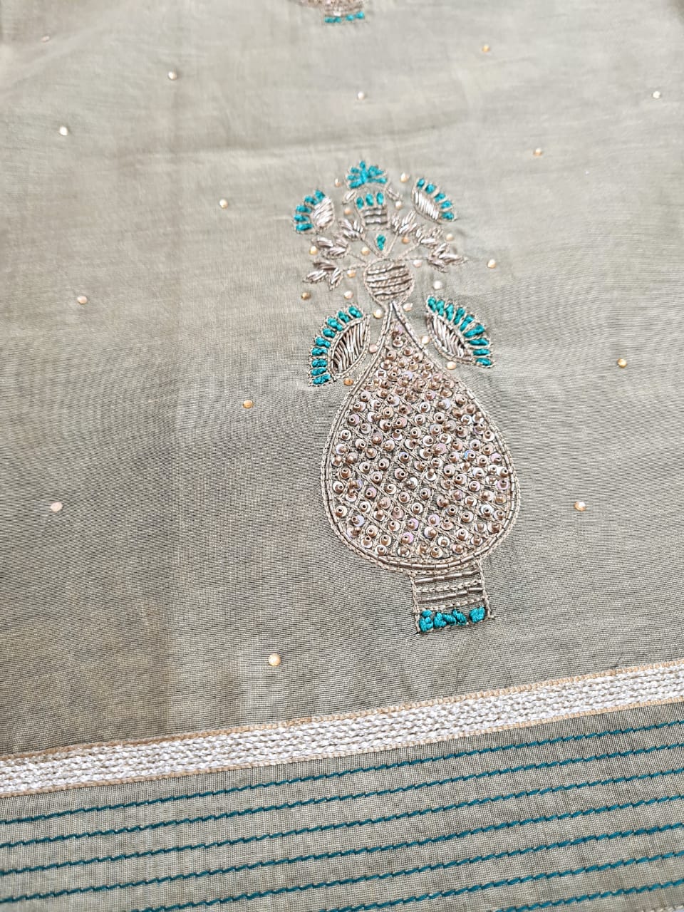 Chanderi Shirt with Gotta work, Chiffon Embroidered Dupatta n Shantoon Bottom