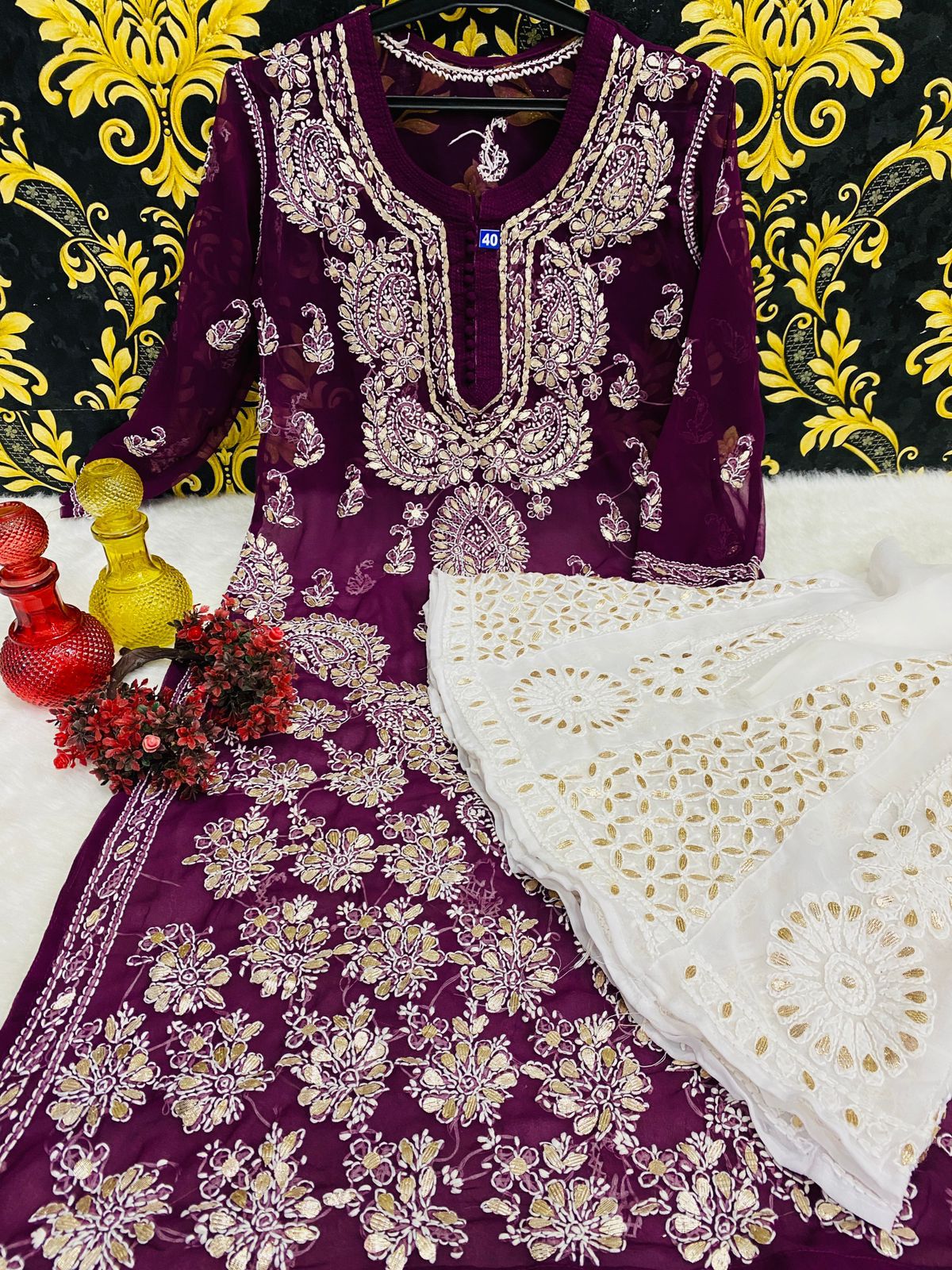 Beautiful Georgette Chikan Kurti Sharara