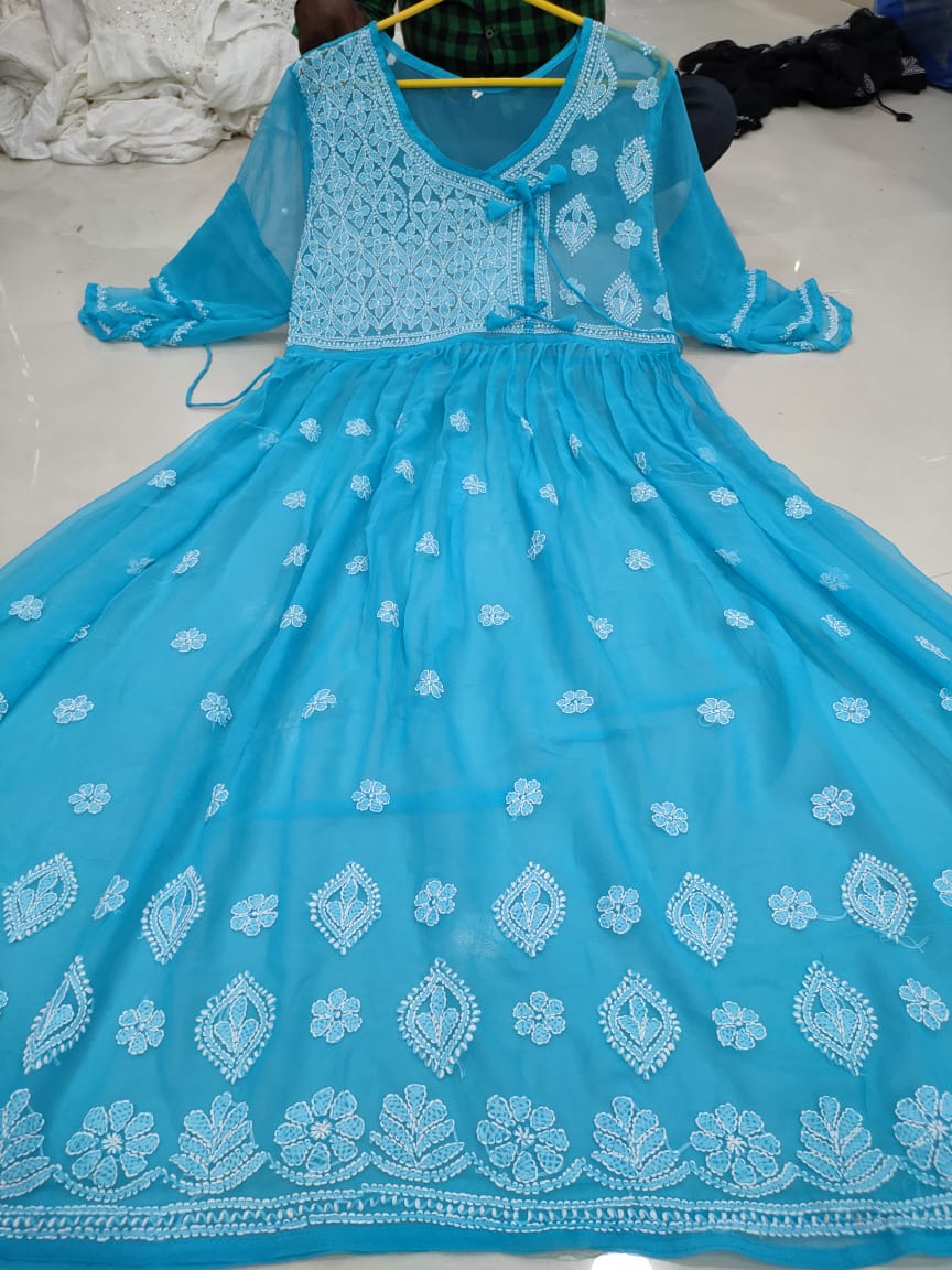 Chikankari Gown with bow knot