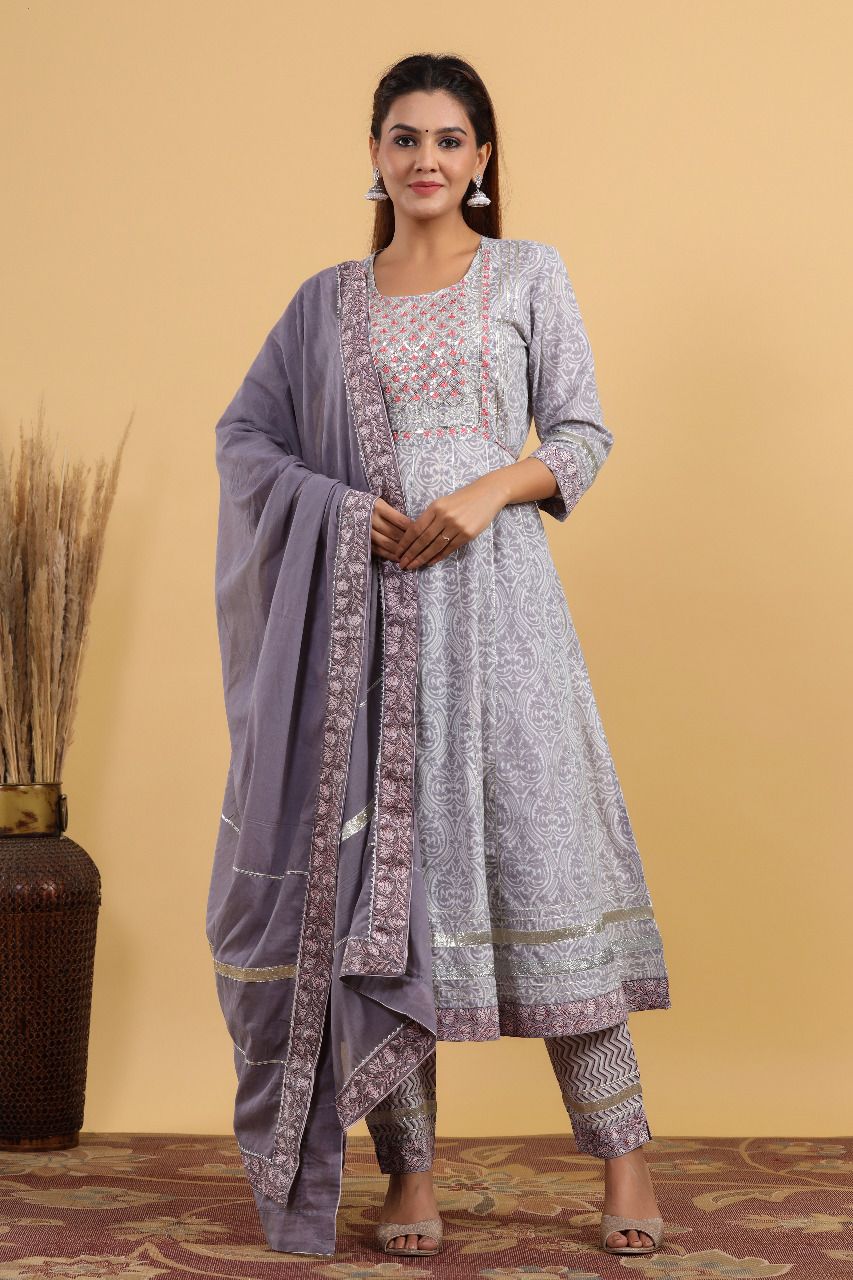 Cotton Bagru Print Anarkali with Ajrakh Print Pant n Dupatta
