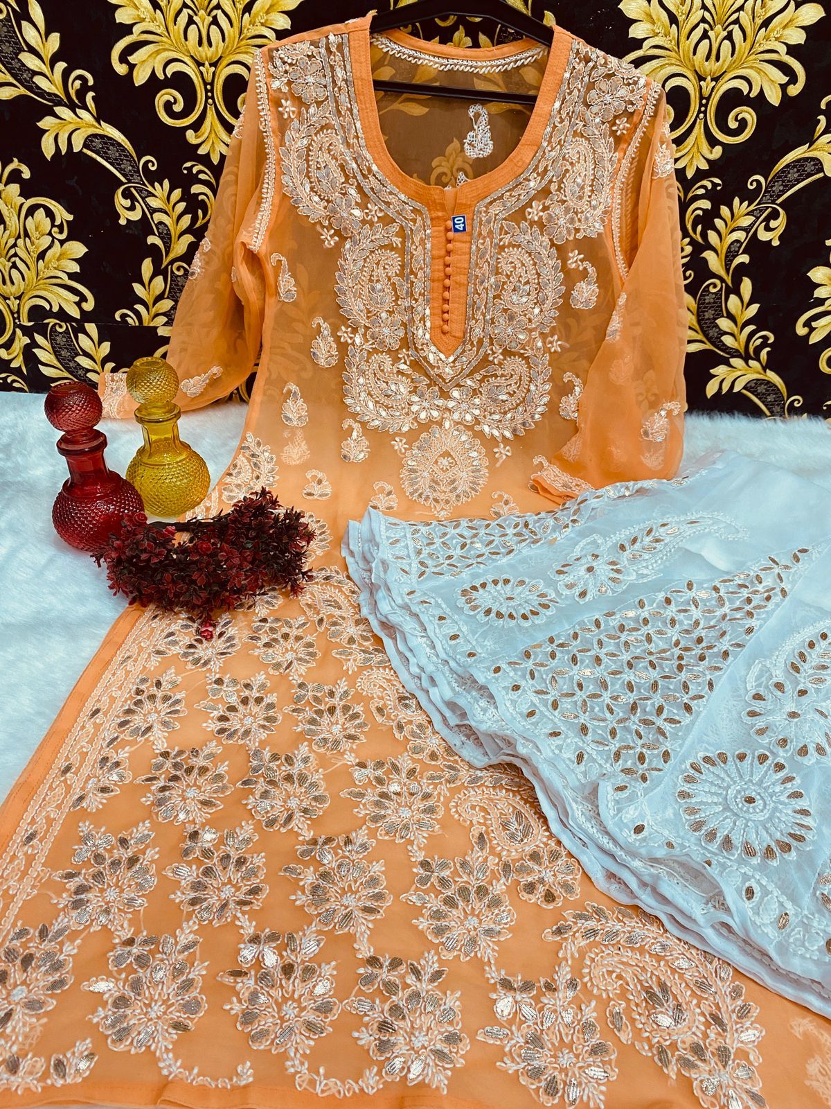Beautiful Georgette Chikan Kurti Sharara
