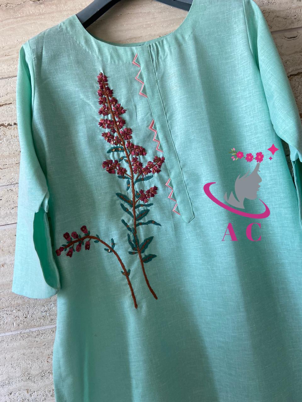 AC Cotton Stitched Embroidered Kurti
