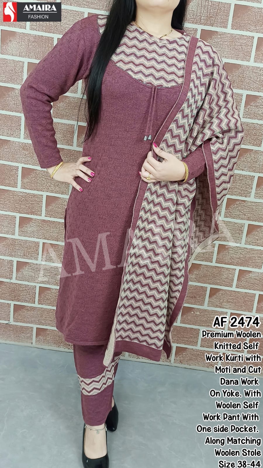 Peach Full Sleeve Woolen Striped Kurti with Lace Work22WLK070718A   Lakshita